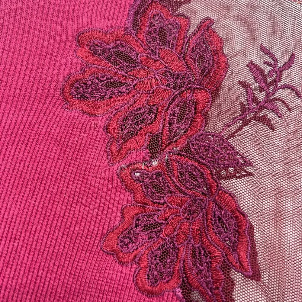 Free People Top Womens S Daniella Red Ribbed Mesh Floral Shoulder‎ Embroidered